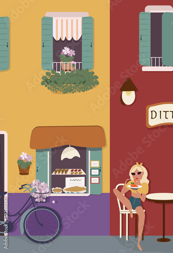 Summer day in small town. Girl eating pasta in a taverna. Traditional colorful houses. Traveling to Spain or Italy