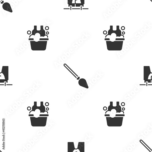 Set Drying clothes, Handle broom and Basin with soap suds on seamless pattern. Vector.
