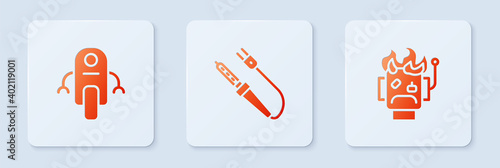 Set Soldering iron, Robot and burned out. White square button. Vector.