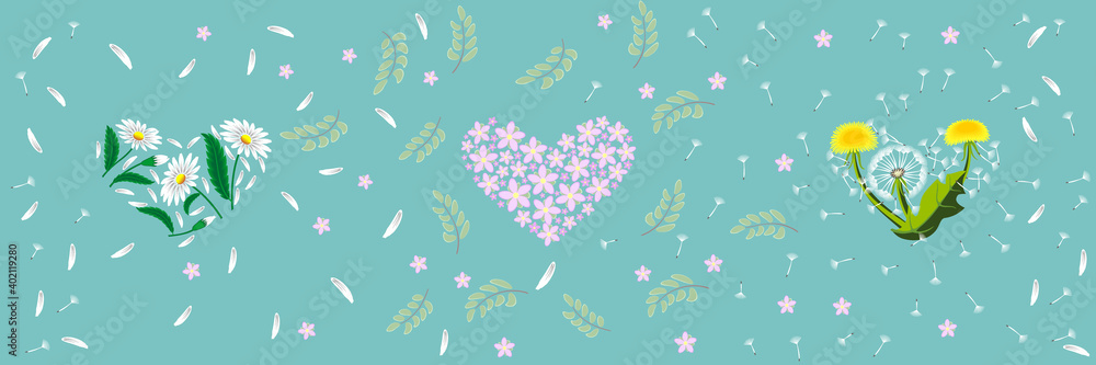 Naklejka premium heart-shaped different flowers seamless pattern