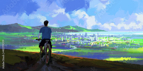 A person riding a bicycle looking into the distance  digital painting.