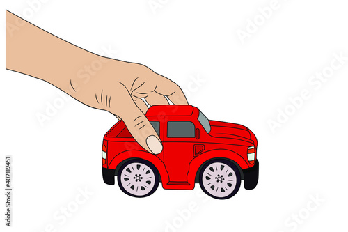 Hand holds a pickup toy car. Vector stock illustration eps10.