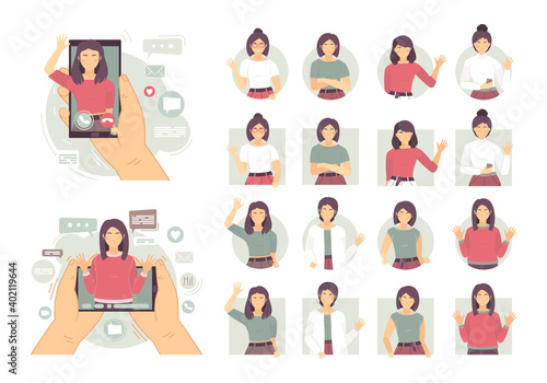 Vector set of characters happy women peeping and greeting