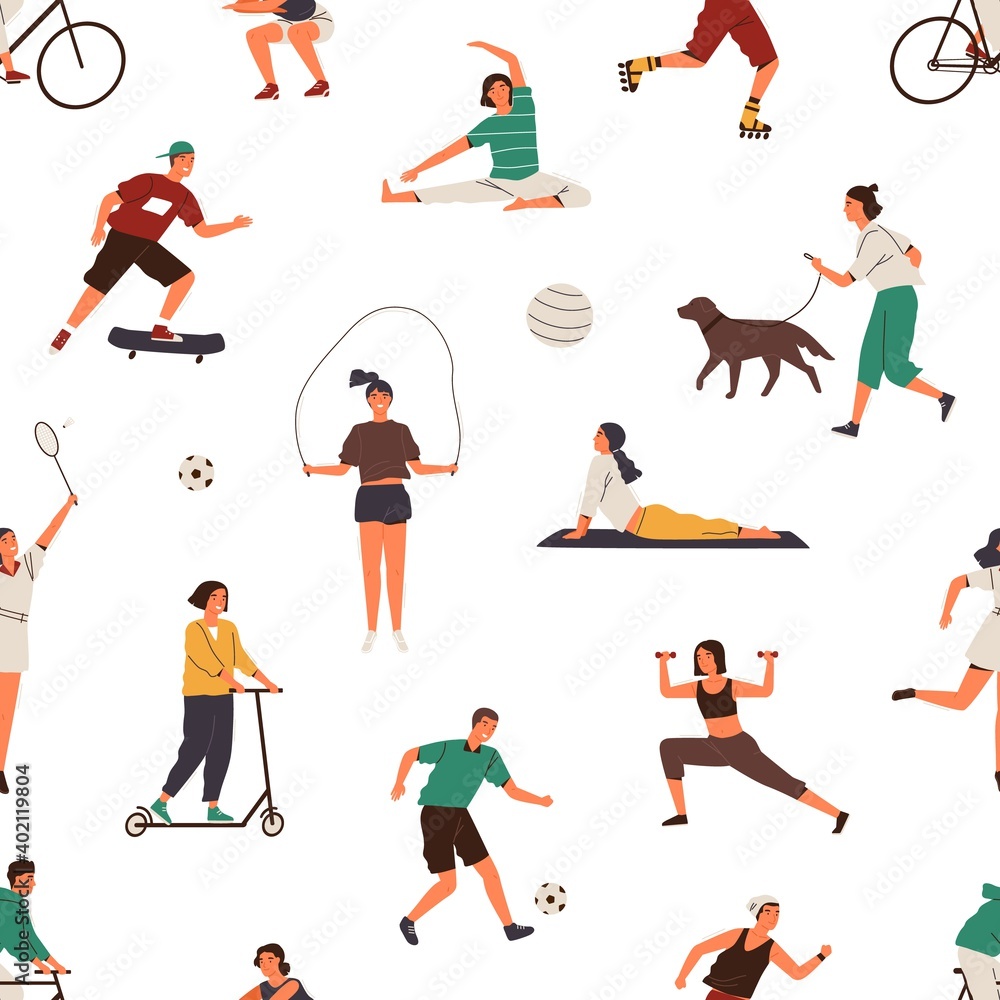People performing different sports exercises seamless pattern. Man and woman doing yoga, fitness, training, riding bicycle and skateboarding vector flat illustration. Characters doing workout