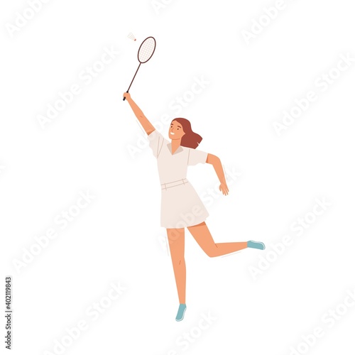 Happy active woman playing badminton vector flat illustration. Smiling female...