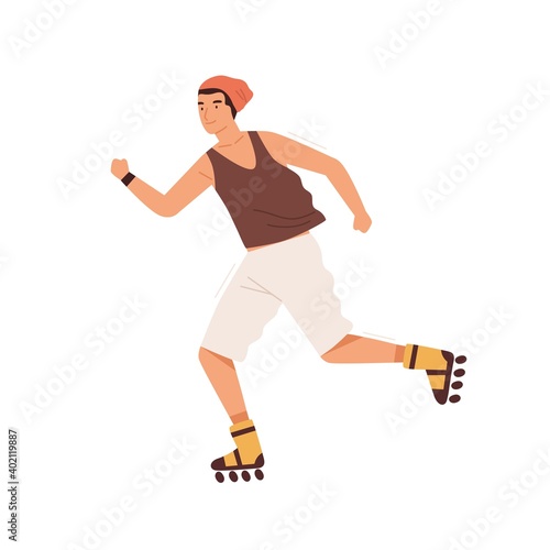 Smiling male teenager roller skating outdoors vector flat illustration. Happy...