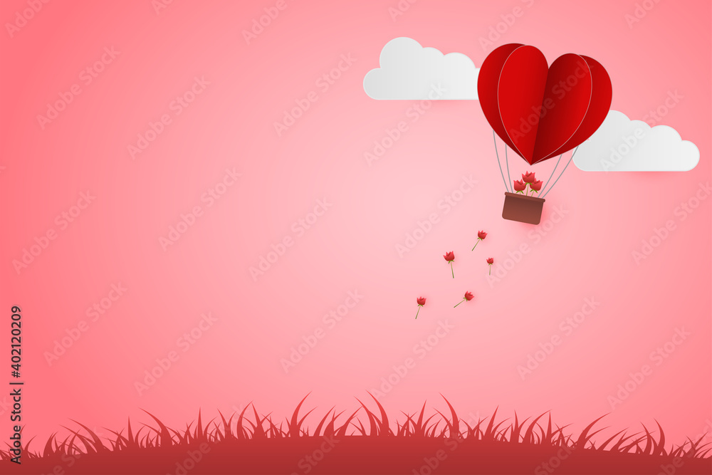 Paper Style love of valentine day , heart balloon flying sprinkle roses with heart float on the sky, couple honeymoon with copy space , vector illustration background