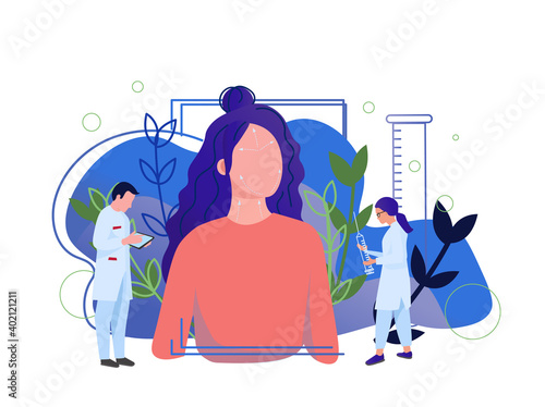 Women's beauty cartoon vector illustration. Cosmetology and aesthetic medicine. Anti-aging concept. Female rejuvenating mesotherapy and hyaluronic injection against wrinkles and other signs of aging.