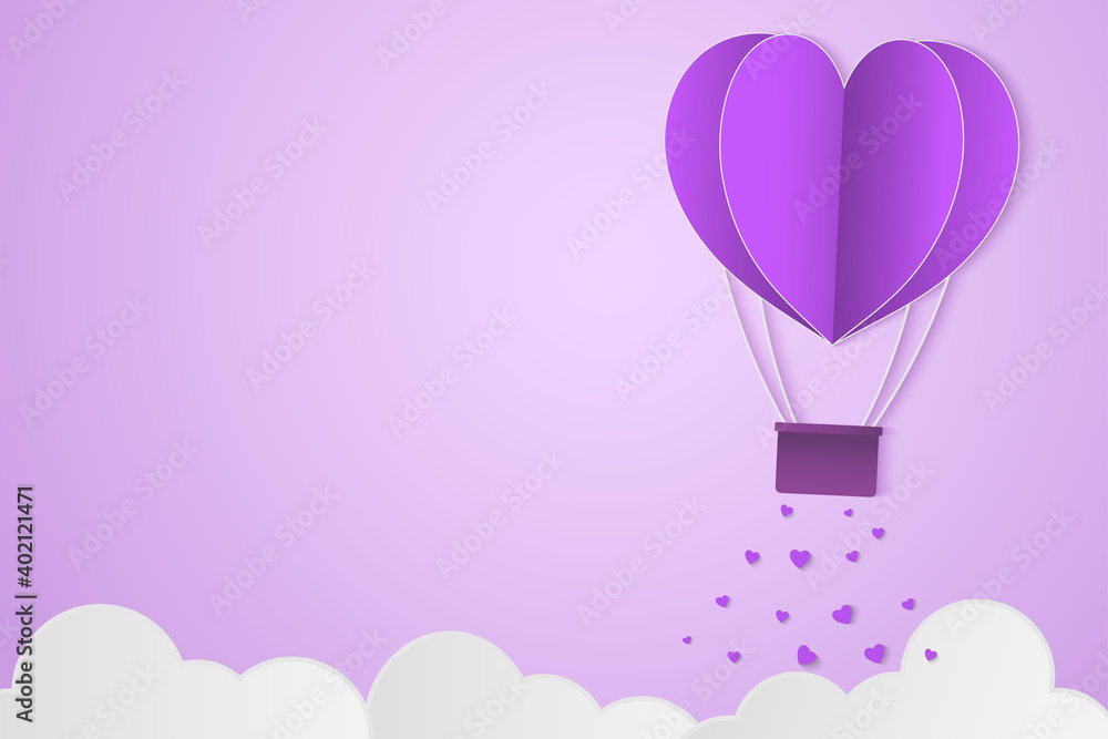 Paper Style love of valentine day violet tone , balloon flying over cloud with heart float on the sky, couple honeymoon or gay lover , vector illustration background