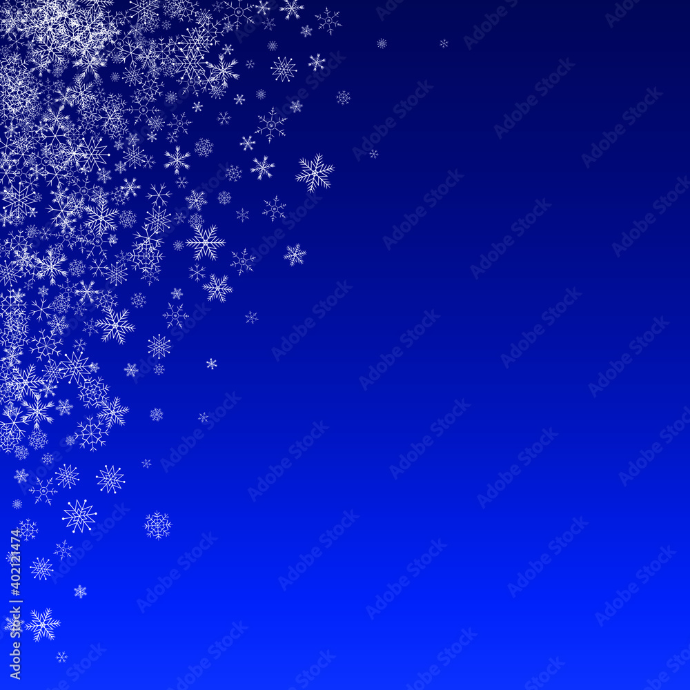 Silver Snow Vector Blue Background. Sky Snowflake Wallpaper. Gray Xmas Backdrop. Light Snowfall Transparent.