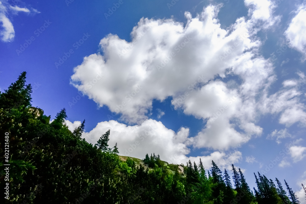 large white clouds on the blue sky and green landscape