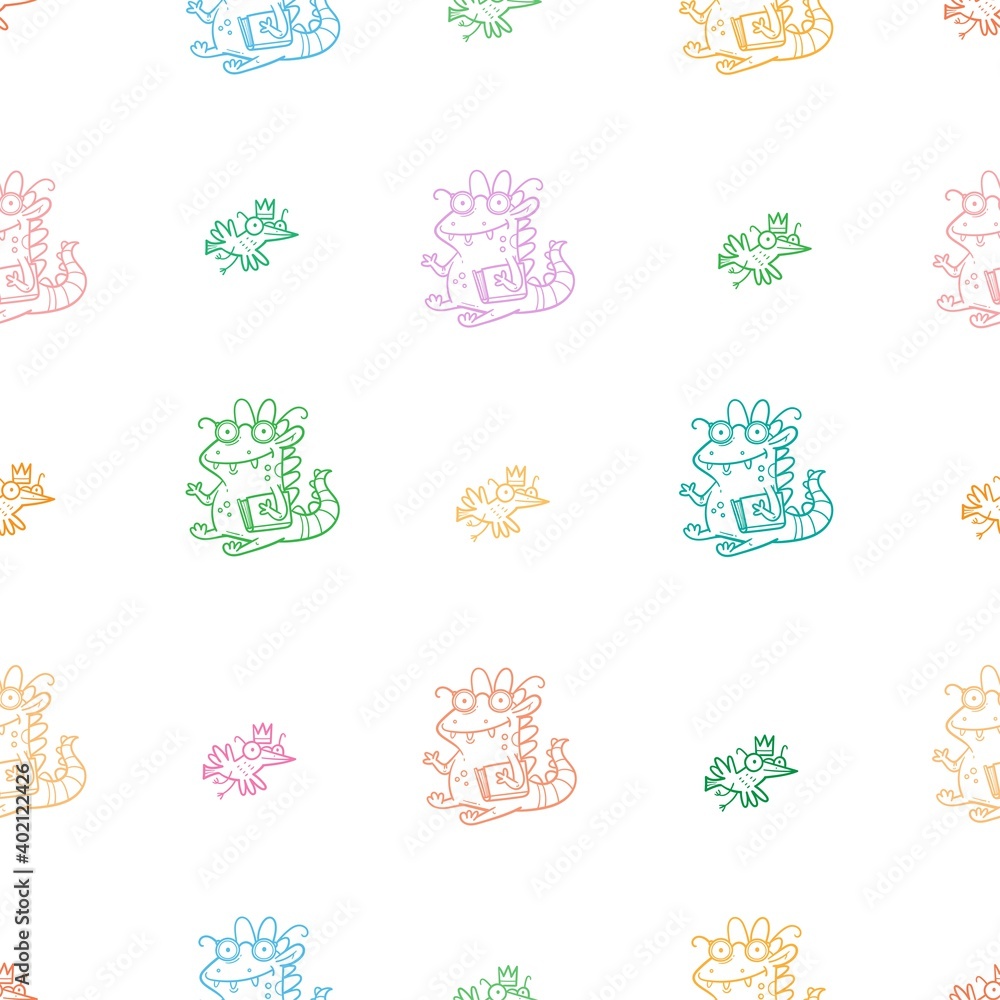 Fototapeta premium Seamless pattern with cute cartoon smart dragon on white background. Funny birds print. Reading reptile poster. Vector doodle line art wallpaper. Illustration for children. Books and studying.