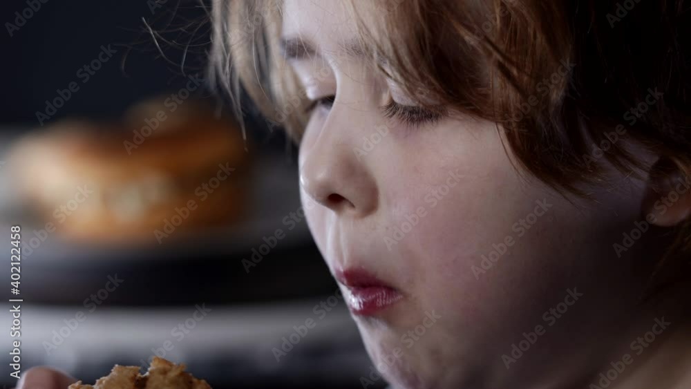 child is biting and chewing deep-fried chicken leg in fast food restaurant, closeup child is biting and chewing deep-fried chicken leg in fast food restaurant, closeup
