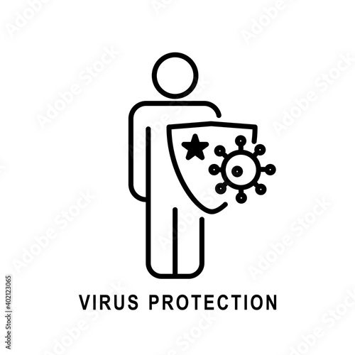 Icon design Virus protection human is holding shield, bacterias can't attack him. Immune system, vaccination, antibiotics. Modern vector illustration.