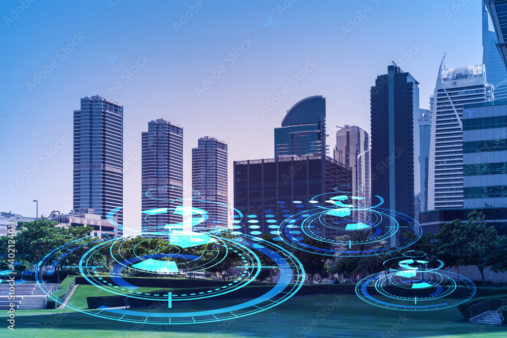 Fototapeta premium Panoramic view skyscrapers. Modern cityscape of the capital of the Emirate of Dubai. Technology concept. Double exposure.