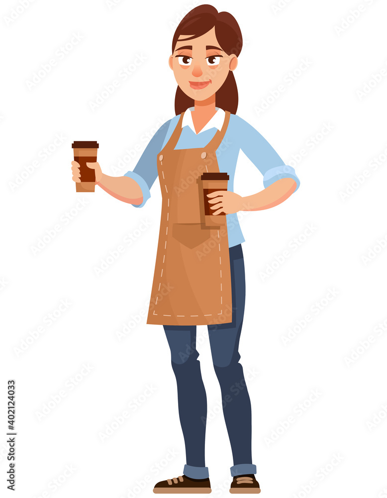 Barista holding paper coffee cups. Female person in cartoon style. Barista holding paper coffee cups. Female person in cartoon style.