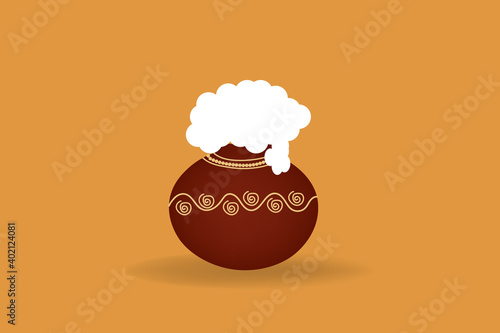 Pongal pot decorated with Indian Rangoli design isolated on orange background for wallpaper, banners, posters for Indian festival Pongal and makar Sankranti illustration. 
