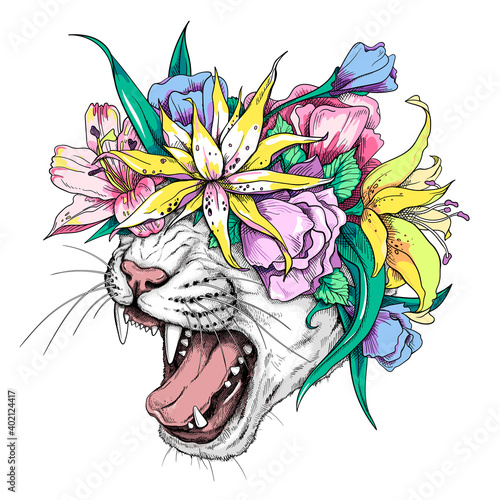 Cute cartoon wild cat head in a floral wreath. Beautiful predator with flowers. Stylish image for printing on any surface