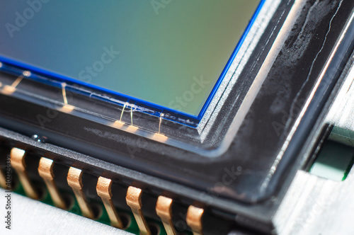 Contacts for connecting the camera sensor to the electronic board close-up, macro photography