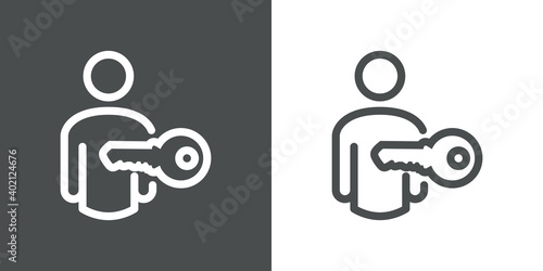 Logotipo silueta de hombre con llave de cerradura con lineas en fondo gris y fondo blanco