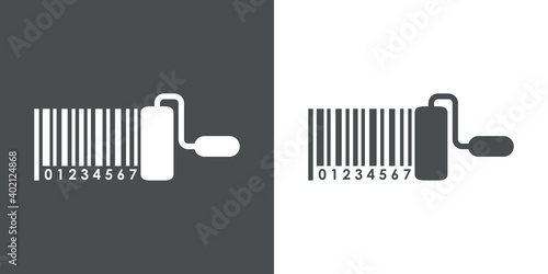 Tienda de herramientas de bricolaje. Logotipo código de barras con rodillo de pintura en fondo gris y fondo blanco