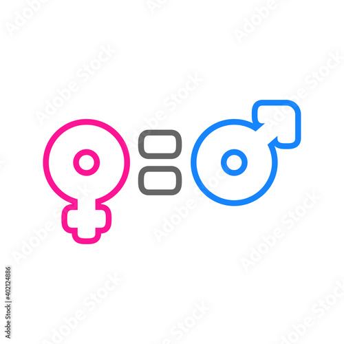 Igualdad de género. Logotipo símbolo femenino igual masculino con lineas en rosa y azul