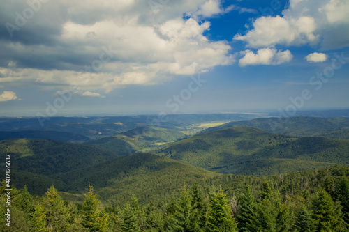 summer aerial landscape photography of Carpathian mountains green pine trees forest foreshortening from above in June clear weather day time with cloudy and blue sky background scenic view