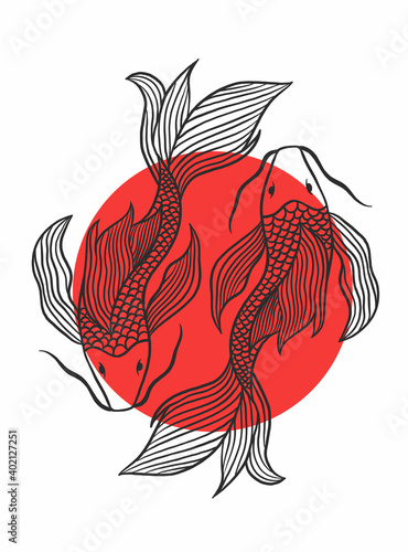 Japanese koi fish drawing vector illustration. Hand drawing illustration of japanese koi fish.