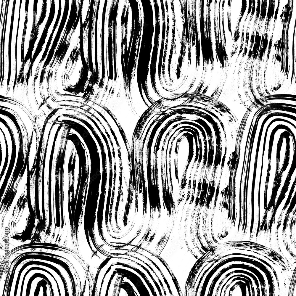 Abstract monochrome wavy brush strokes background. Rough textured brush strokes seamless pattern.
