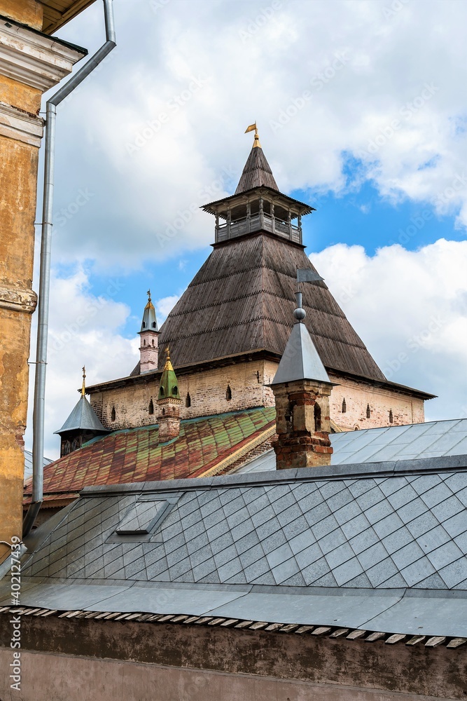 Russia, Rostov, July 2020. An old stone wall tower with an observation deck.