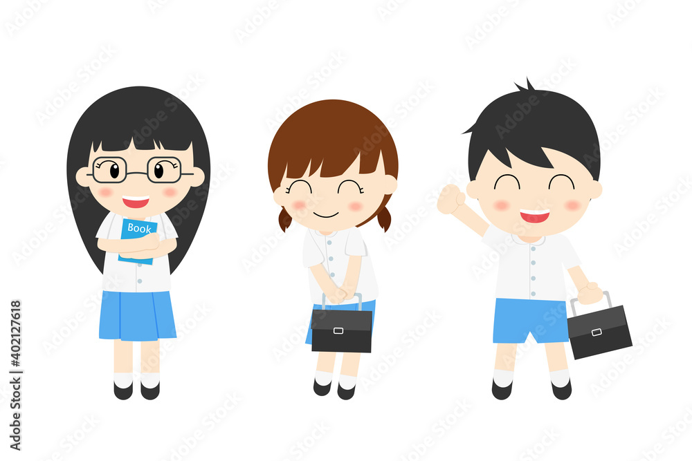 Student boy and girl cute character school uniform set isolated on white background , back to school , ready to study Student boy and girl cute character school uniform set isolated on white background , back to school , ready to study