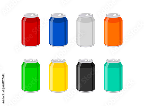 Soda cans set. Soda drinks collection in colorful aluminum containers. Cold drink flavors. Aluminium packaging in different colors. Isolated on white background. Vector illustration, flat, clip art.