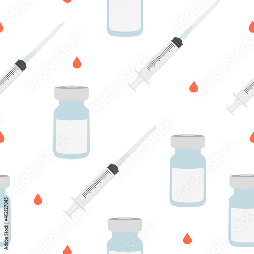 Seamless medical background with syringes, vaccine vials and blood droplets. Concept for healthcare and medicine symbol.