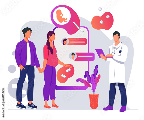 Husband and his pregnant wife consult a professional family planning. Family planning, pregnancy assistance and vitro fertilization research flat vector illustration isolated on white background.