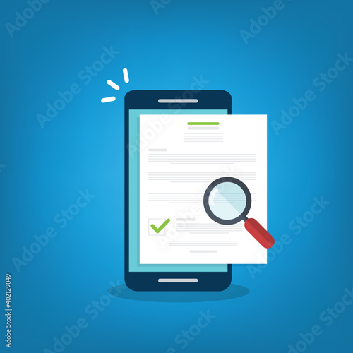 Online digital document inspection or assessment evaluation on smartphone, contract review, analysis, inspection of agreement contract, compliance verification. Vector illustration photo