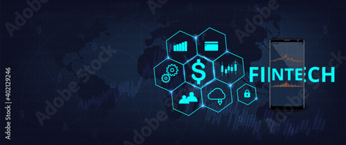 Fintech abstract background Concept.mobile phone rendering represent Financial Internet Technology Concept.Business investment. Business on screen phone.