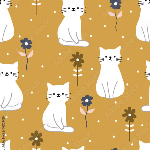Seamless pattern with cute cartoon cats and flower for fabric print, textile, gift wrapping paper. colorful vector for kids, flat style