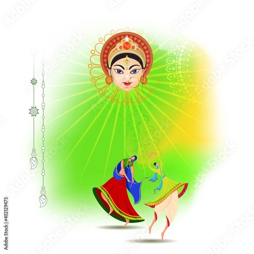 Illustration of Indian people dancing Garba on Dandiya Night celebrating Navratri festival of India on colorful abstract background.
