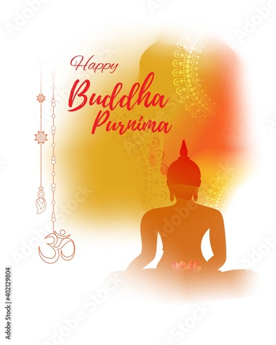 Indian festival with text Buddha Purnima, illustration is showing Buddha seated absorbed in meditative position with beautiful shiny night background.
