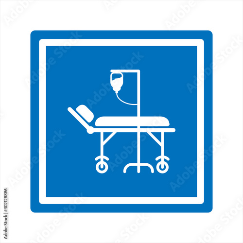 Hospital icon, black isolated icon with medical cross and person in bed symbols