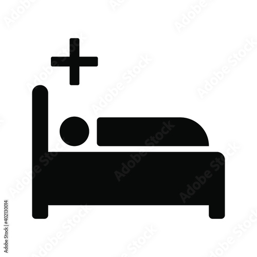 Hospital icon, black isolated icon with medical cross and person in bed symbols