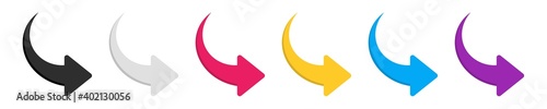 Arrow right icons set. Color arrow symbols. Collection curved arrows. Modern flat simple arrows isolated. Vector graphic elements.