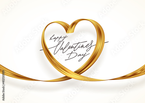 Golden paint brush stroke in the shape of heart. Valentines day greeting card with golden ribbon. Vector illustration. Love symbol - golden heart.