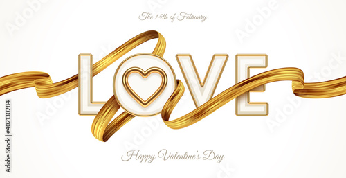 Valentines day greeting illustration. Word Love with  realistic golden heart and paint brush stroke. Letters with golden border and ribbon. Vector illustration.