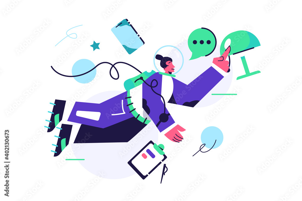 Obraz premium The guy presents himself as if he is an astronaut in gravity, things flying, a lamp in gravity, isolated on a white background, flat vector illustration