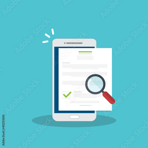 Online digital document inspection or assessment evaluation on smartphone, contract review, analysis, inspection of agreement contract, compliance verification. 