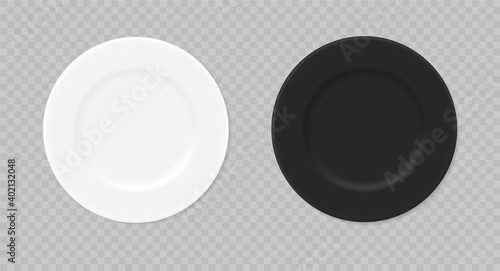Empty white and black plates. Vector 3d realistic. Mockup. Two round food dish isolated on transparent background. blank template. Top view. EPS10.