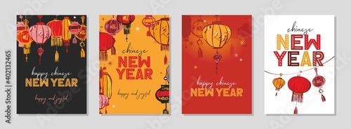 Happy chinese New Year Set of backgrounds, invitations, greeting cards, posters, holiday covers. Design templates with typography, traditional lanterns for social media, print. Vector illustration.