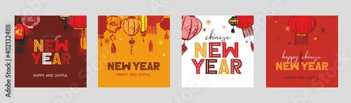 Happy chinese New Year Set of backgrounds, invitations, greeting cards, posters, holiday covers. Design templates with typography, traditional lanterns for social media, print. Vector illustration.