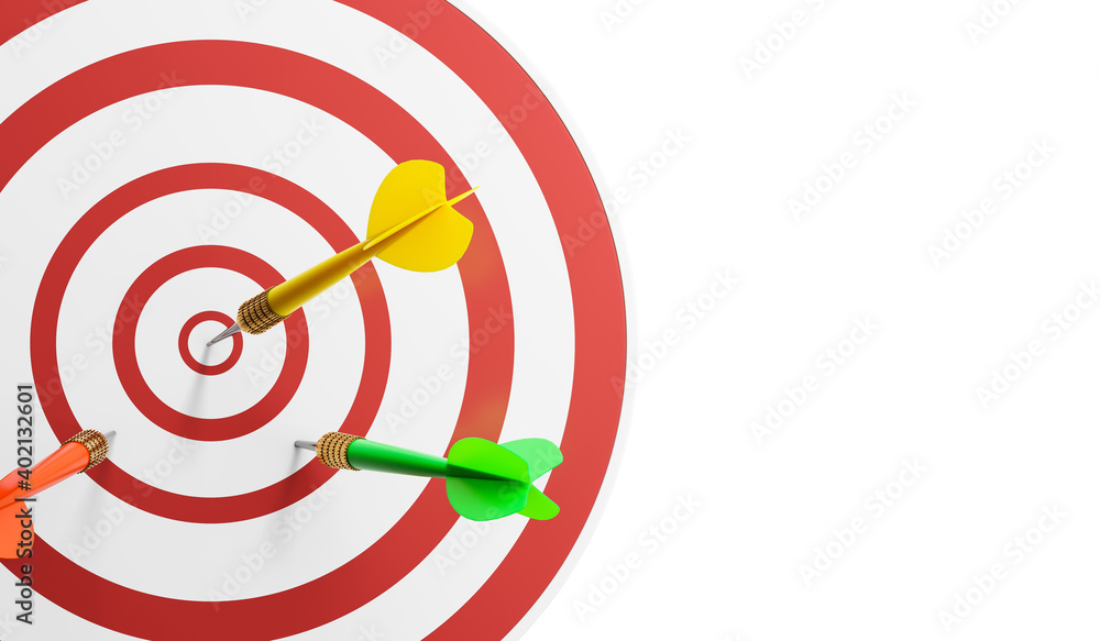Close-Up of a Bull's Eye On a Wall with three Darts in the target on a white background. 3d illustration Close-Up of a Bull's Eye On a Wall with three Darts in the target on a white background. 3d illustration